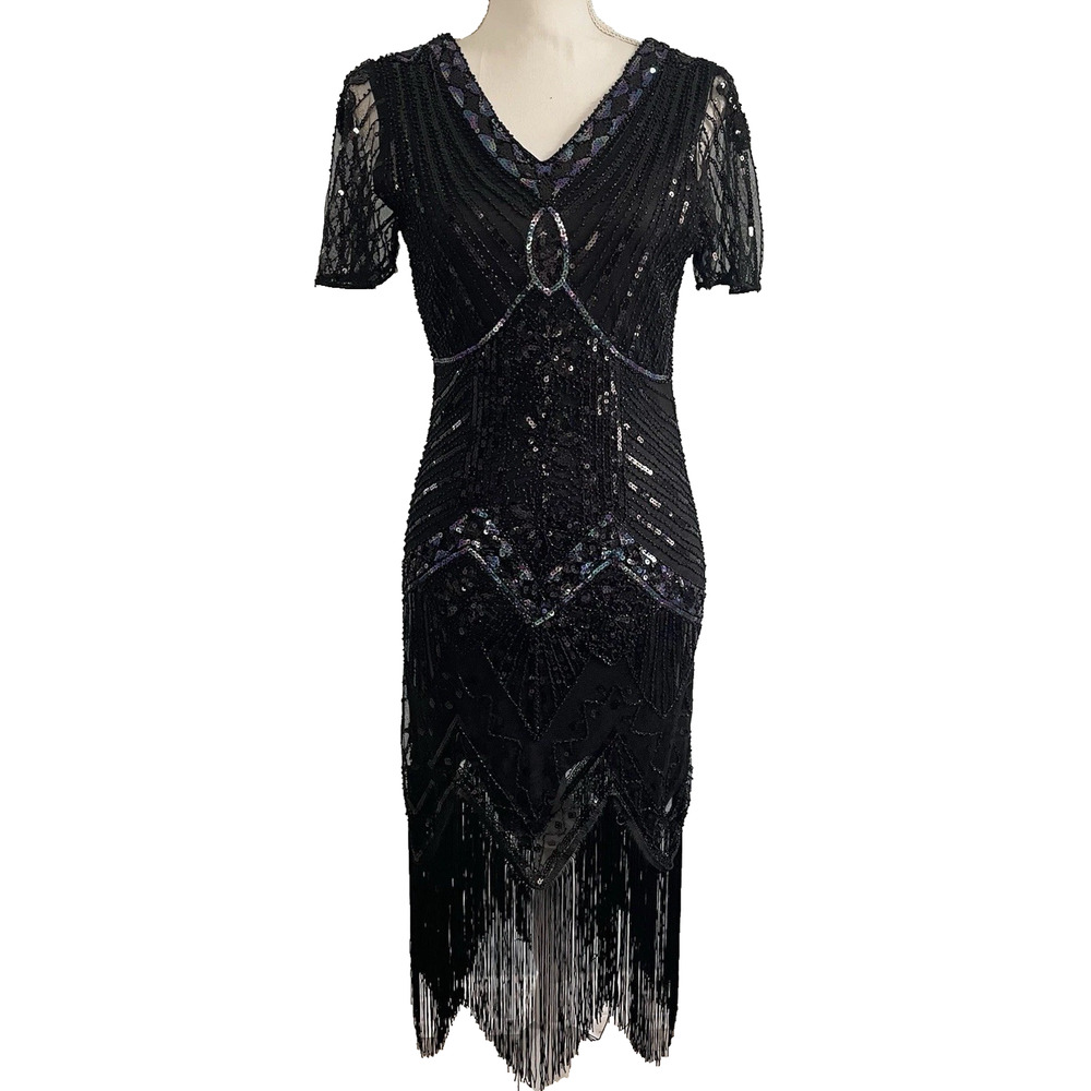 JICAGOM Black blue Sequin Fringe Hem Flapper Dress Women’s XS
